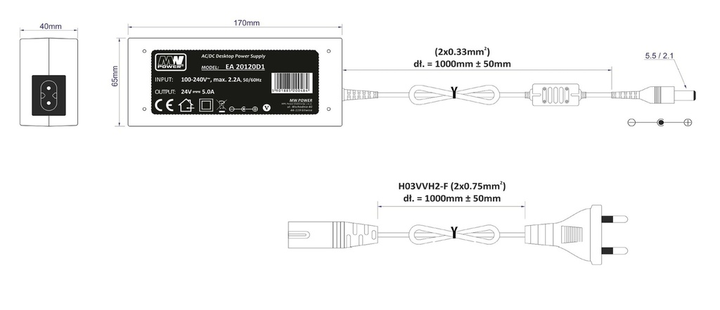 Power supply LED Constant voltage 24V/5A 120W with male connector - Image 2