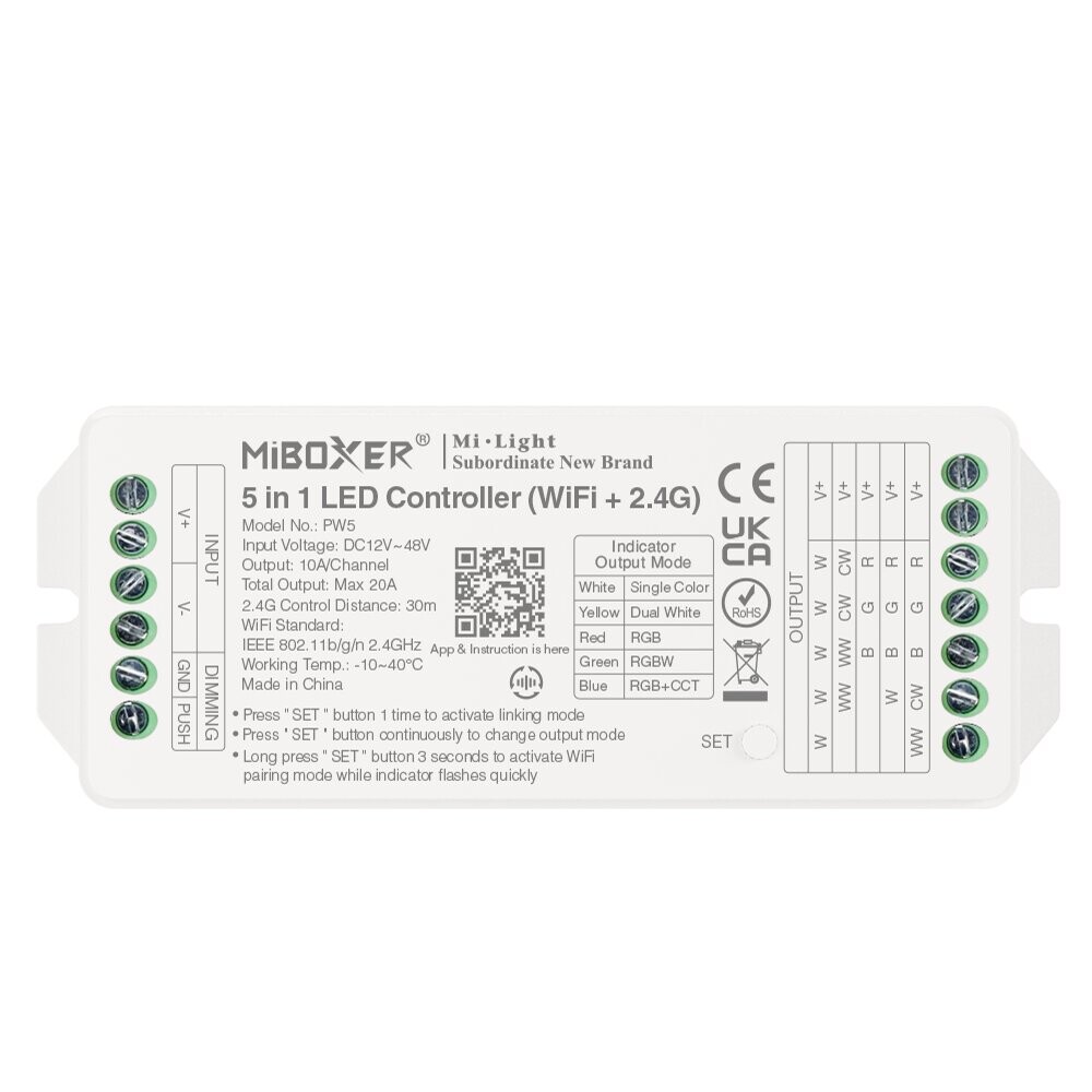 Mi-Light PW5 5 in 1 LED kontroller Max 20A (WiFi+ 2.4G + Push + DMX512)
