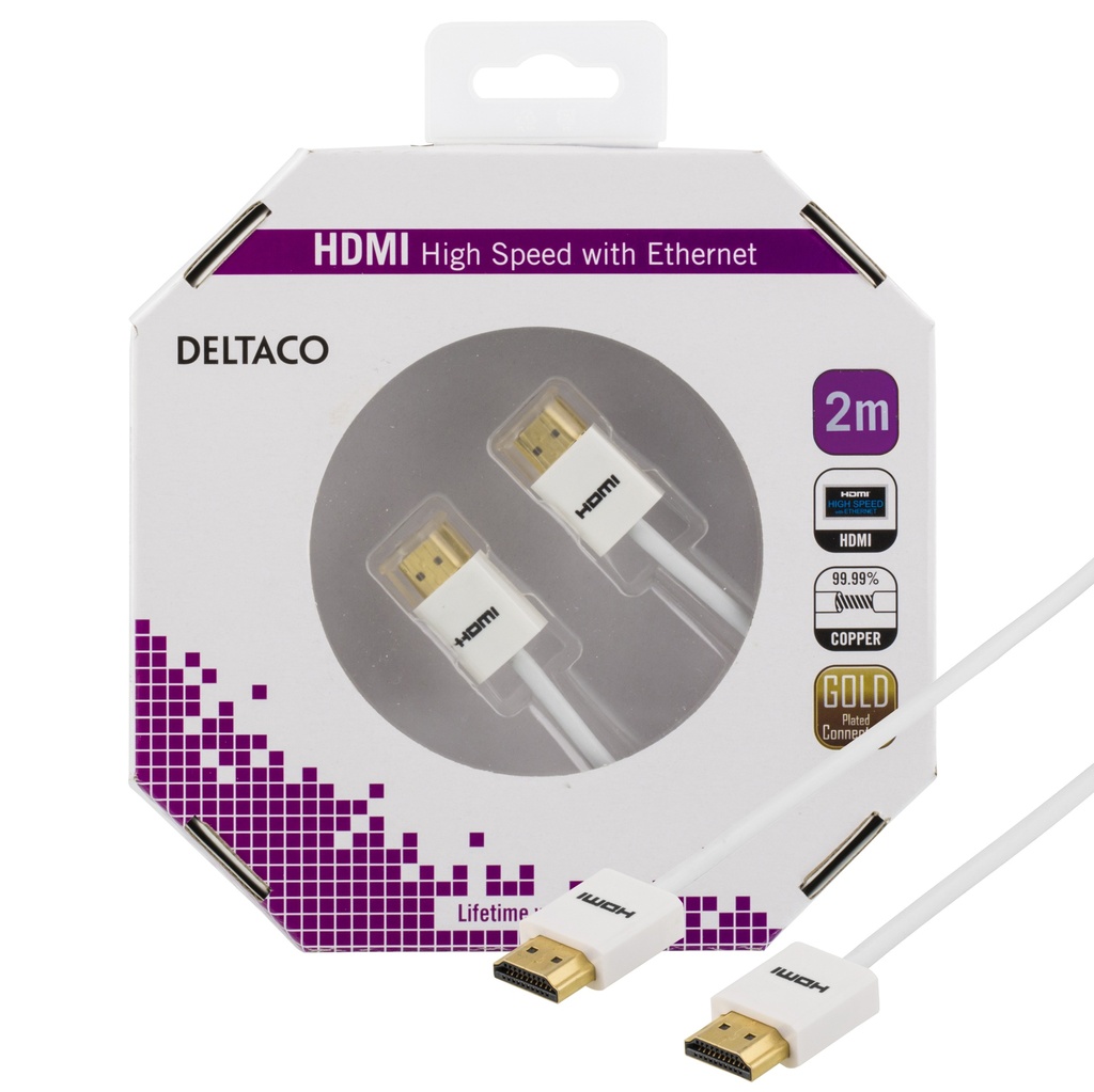 Tunn HDMI kabel 2m, HDMI High Speed with Ethernet, vit