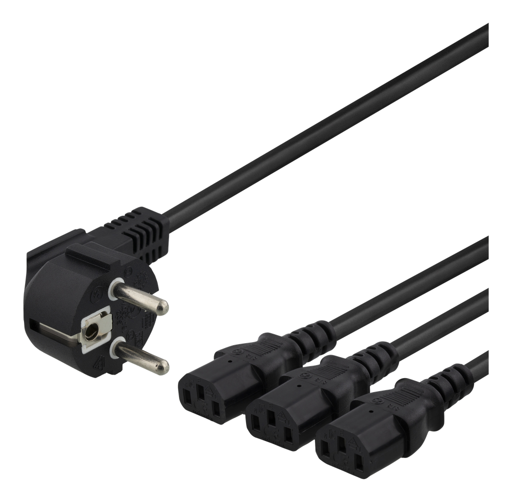 Y-apparatkabel 1+2m, 3-vägs CEE 7/7-3xIEC C1, svart