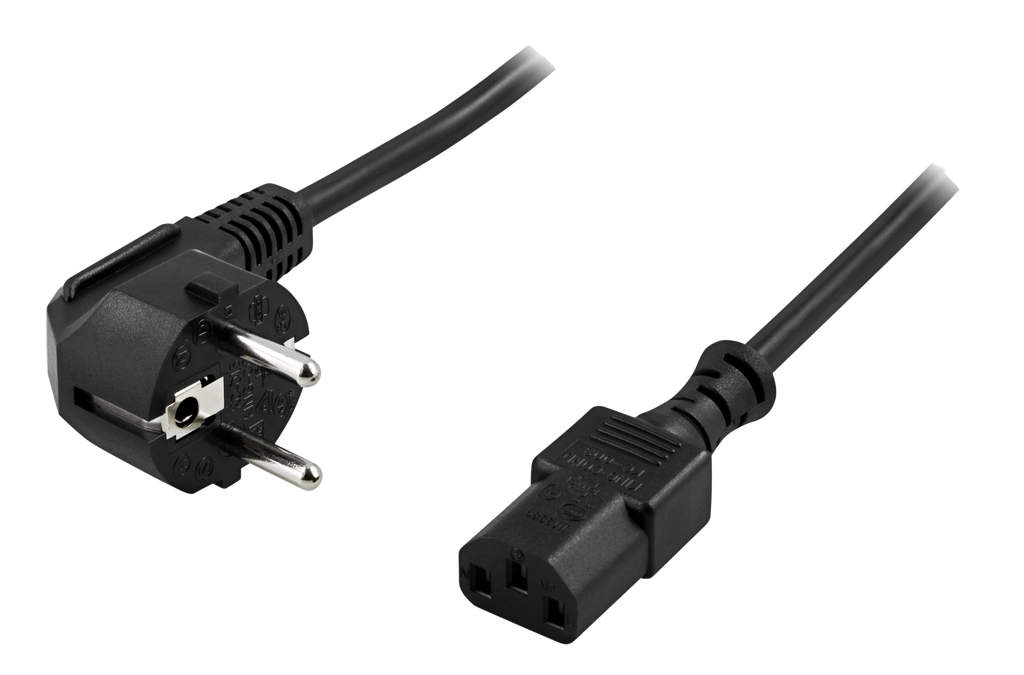 Apparatkabel 2m, vinklad CEE 7/7 - rak IEC C13, LSZH, svart