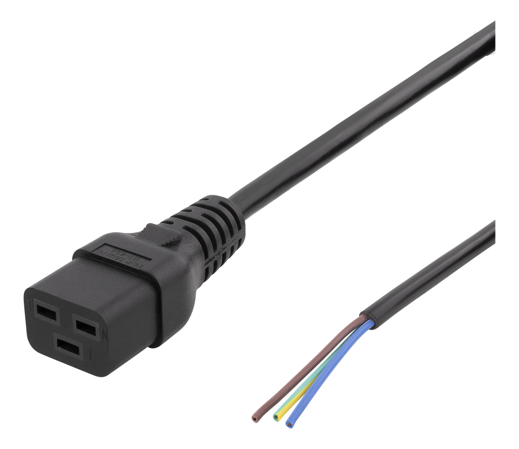 Kabel 2m, C19 - öppen ände, svart