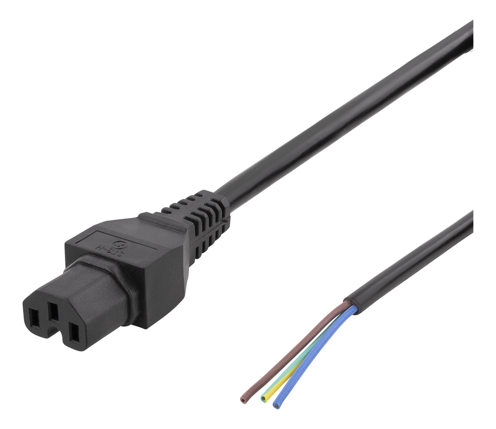 Kabel 2m, C15 - öppen ände, 2m, IEC C15, 10A, svart