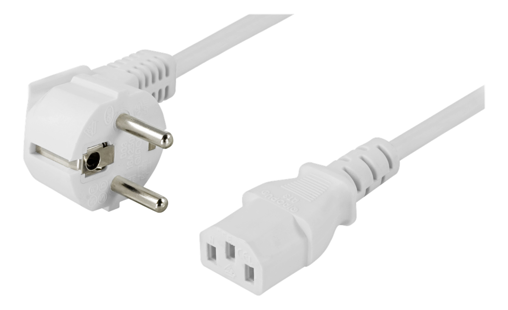 Apparatkabel 10m, vinklad CEE 7/7 till IEC 60320 C13, vit