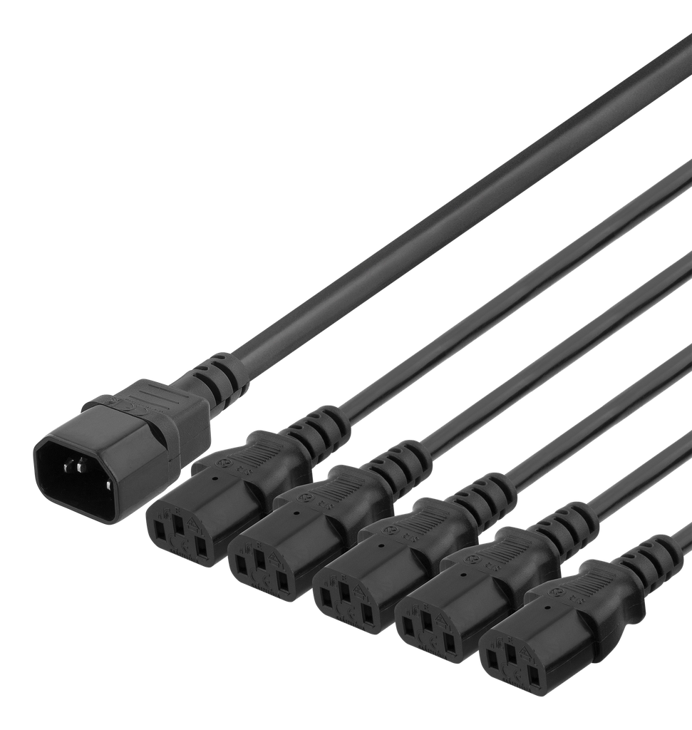 Apparatkabel 1m, IEC C14 - 5x IEC C13, 10A/250V, Y-Splitter, svart