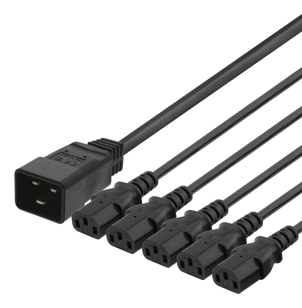 Apparatkabel 3m, IEC C20 - 5x IEC C13, 16A/250V, Y-Splitter, svart