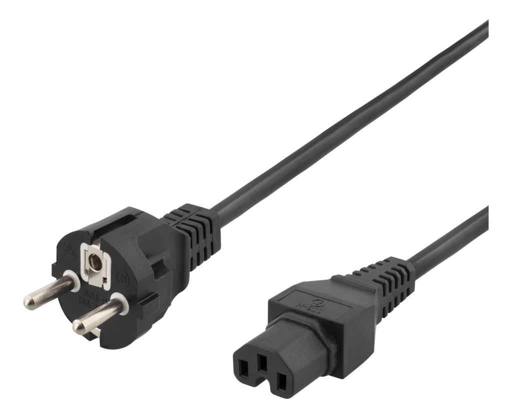 Apparatkabel 2m, rak IEC 60320 C15 - rak CEE 7/7, max 250V/10A, svart