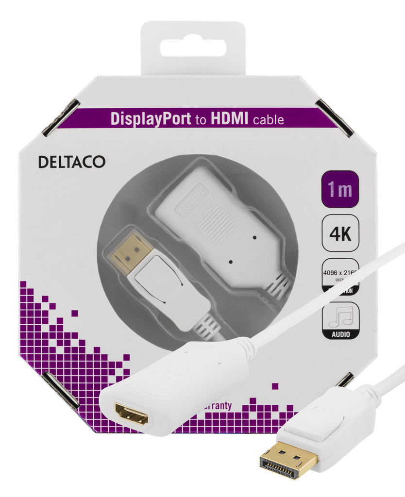 DisplayPort till HDMI 2.0b-kabel 1m, 4K i 60Hz, vit
