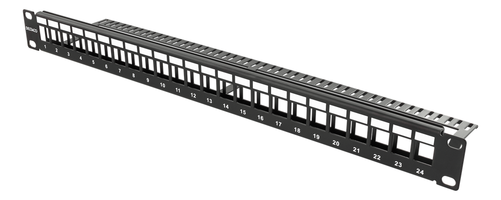 DELTACO 19" patchpanel, 24 portar, utan kontakter, 1U, svart