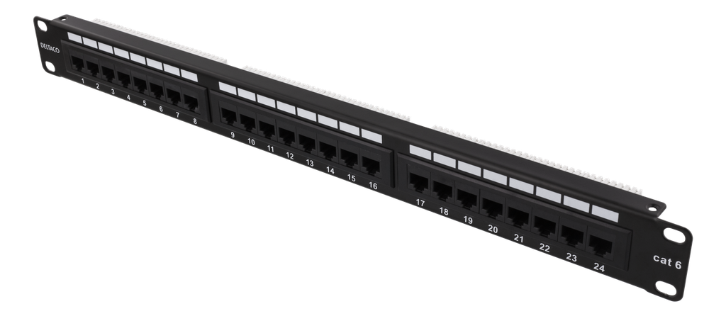 DELTACO UTP patchpanel, 24xRJ45, Cat6, Krone-plintar, 1U, 19", etiketter