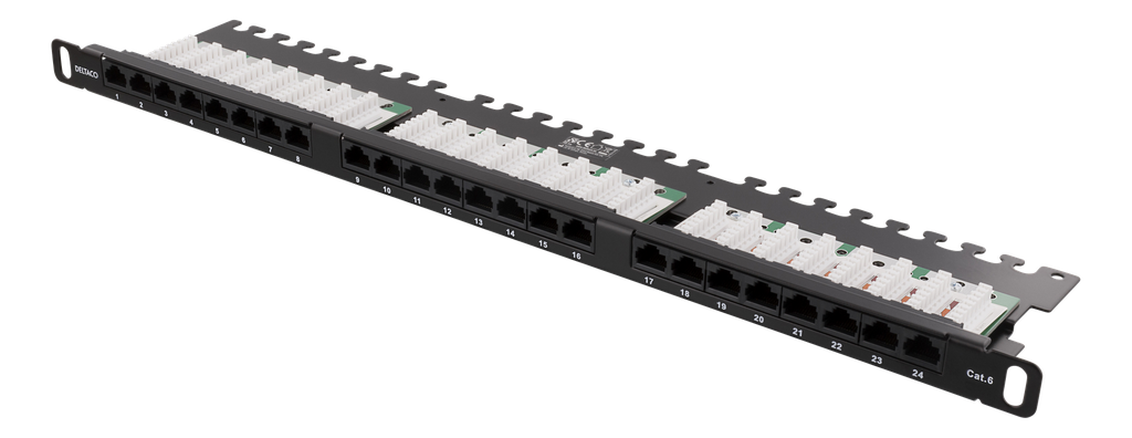 DELTACO UTP Patchpanel 24xRJ45, Cat6, 0,5U, 19", kabelstöd, svart