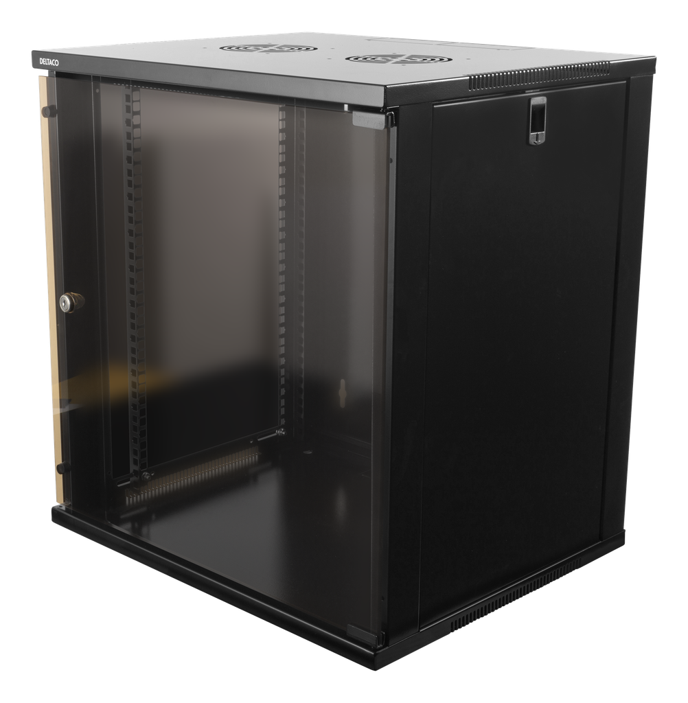 DELTACO 19"-skåp, 12U, 540x450mm, stående eller väggmonterat, glasdörr, svart