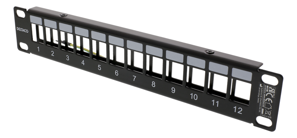 DELTACO 10" Keystone patchpanel, 12 portar, 1U, metall, svart