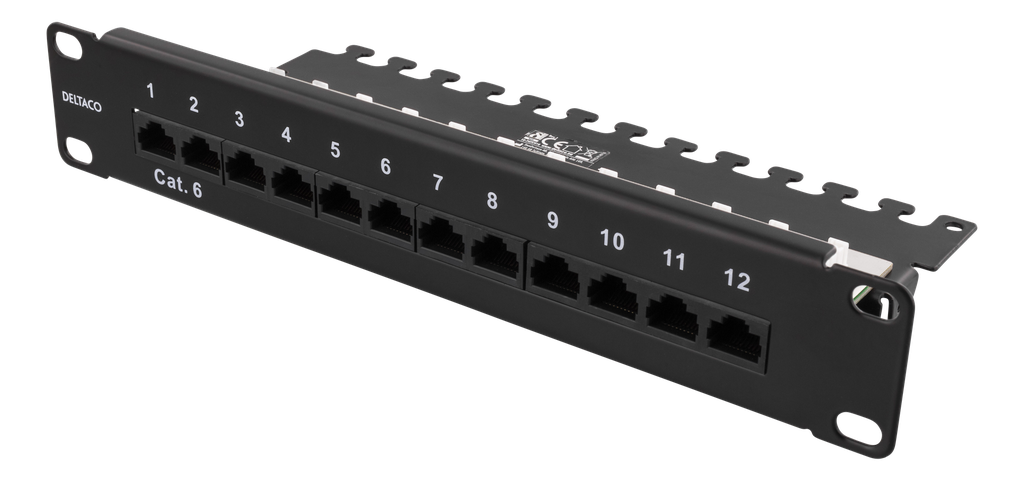 DELTACO 10” patchpanel, 12xRJ45, Cat6, 1U, Krone LSA, oskärmad, metall
