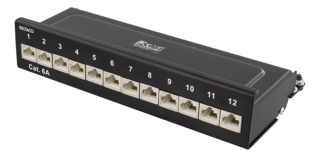 DELTACO Patchpanel, 12xRJ45, Cat6a, väggmonterbar, 10Gbps, svart