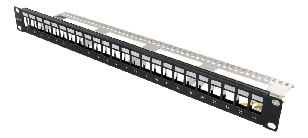 DELTACO 19" Keystone patchpanel, 24 portar, 1U, jordkabel, metall, svart