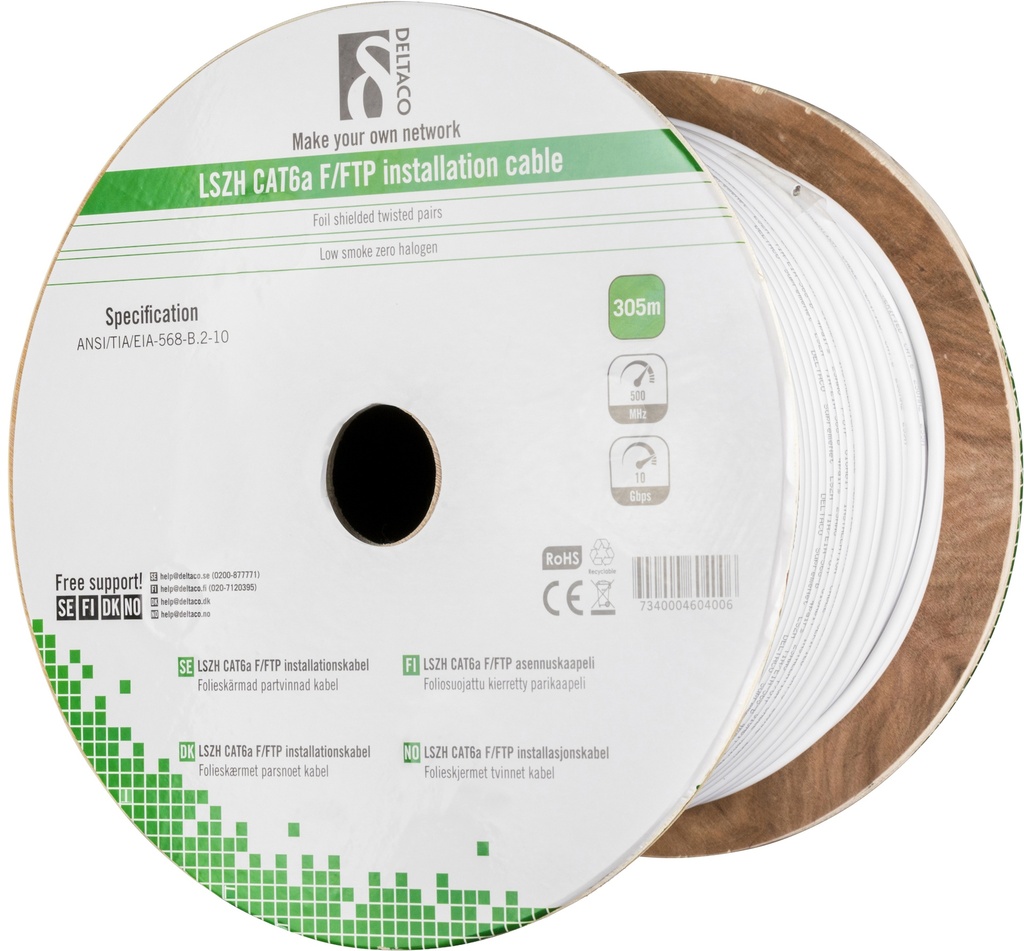DELTACO F/FTP folieskärmad inst.kabel, Cat6a, LSZH, 305m rulle, vit