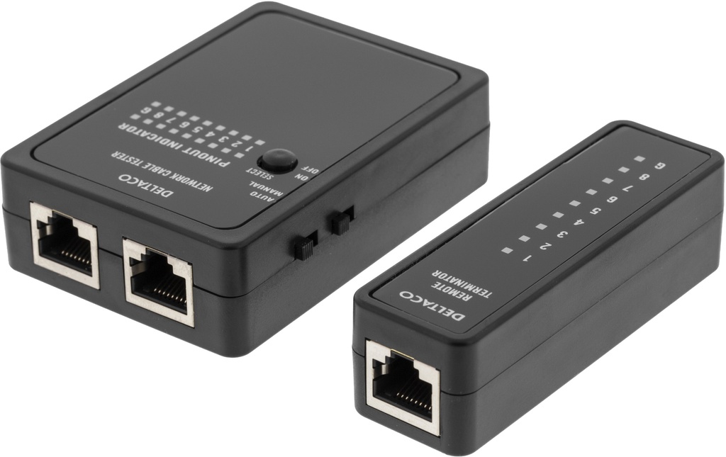 DELTACO kabeltester för RJ45/RJ12 & BNC, 2 delad, svart