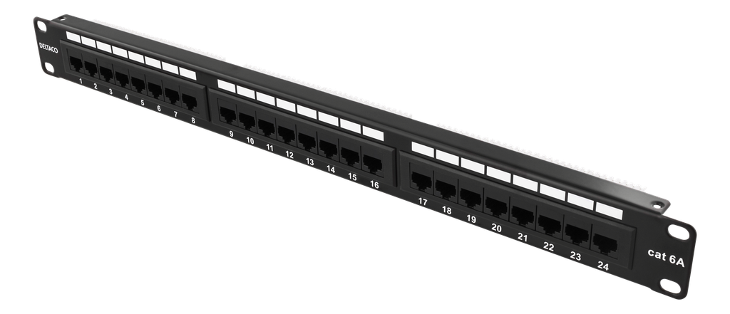 DELTACO 19" patchpanel, 24xRJ45, Cat6a, UTP, 1U, 10Gbps, svart