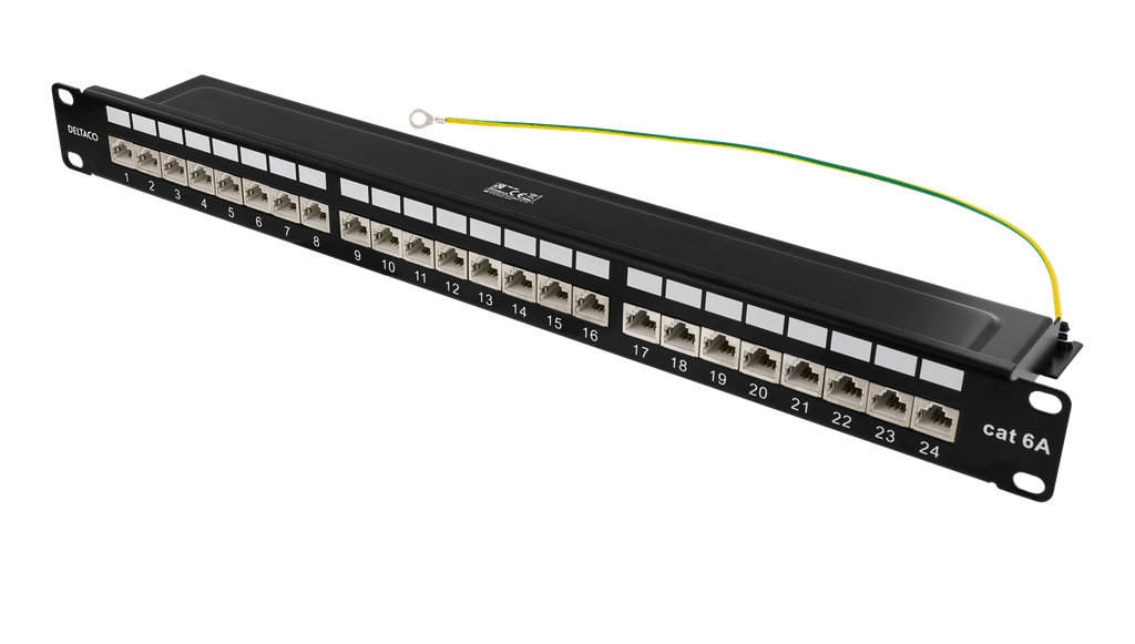 DELTACO 19" patchpanel, 24xRJ45, Cat6a, 1U, STP, metall, svart 