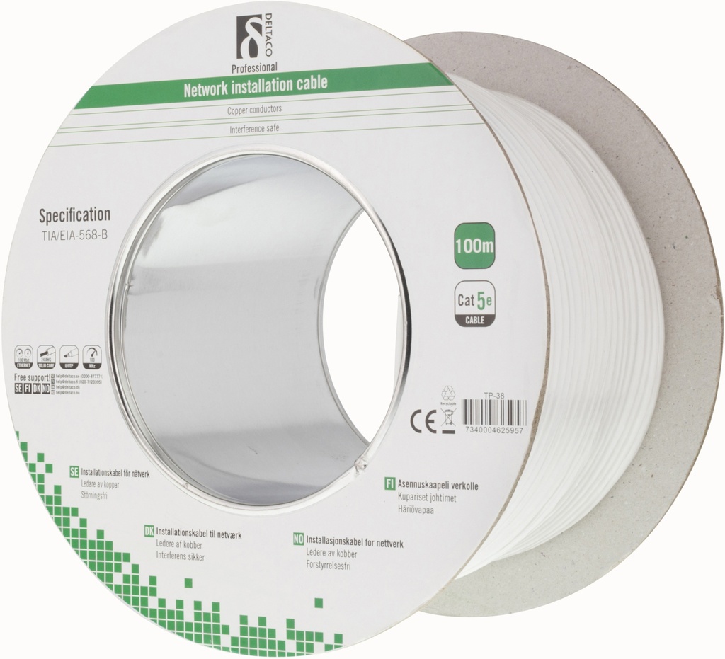 DELTACO U/UTP installationskabel, Cat5e, 100m, vit