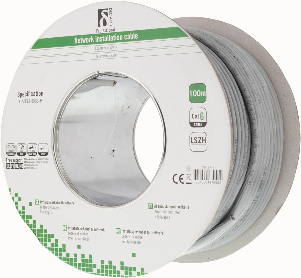 DELTACO LSZH UTP installationskabel, (LSZH), Cat6, 100m, grå