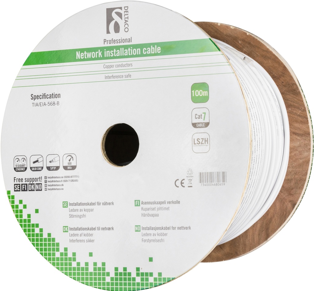DELTACO S/FTP installationskabel Cat7,  LSZH, 100m, vit