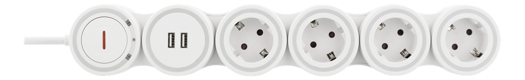 Flexibelt grenuttag med 4 kontakter 1,4m, 16A 3500W, 2x USB-A, vit