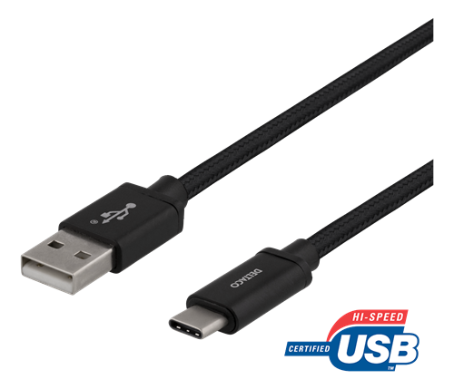 USB-C till USB-A kabel, 2m, 3A, USB 2.0, flätad svart