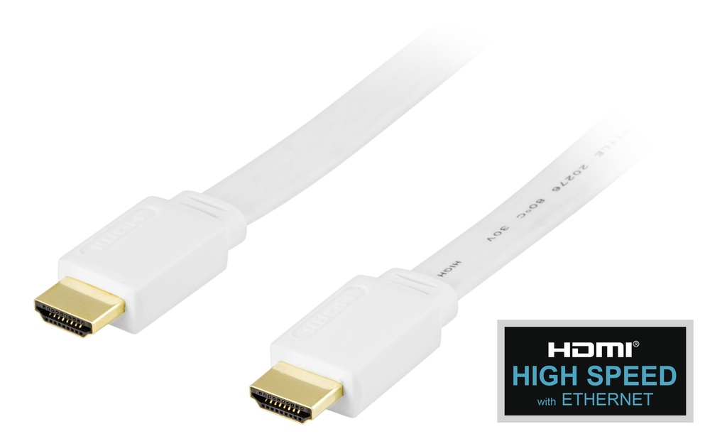 Platt HDMI kabel 0,5m, HDMI High Speed with Ethernet, vit