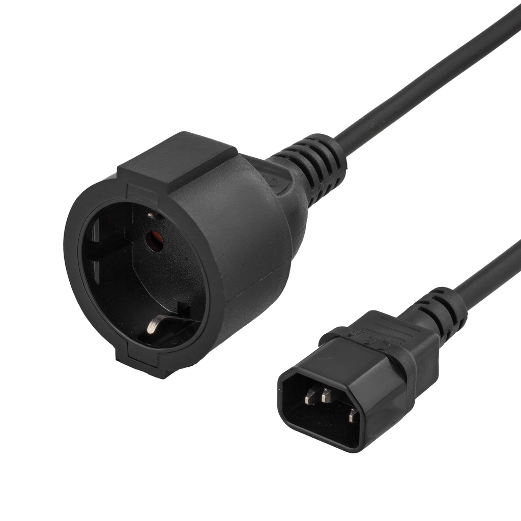 Apparatadapter 1m, IEC C14 hane till CEE 7/4 (Schuko) hona, svart