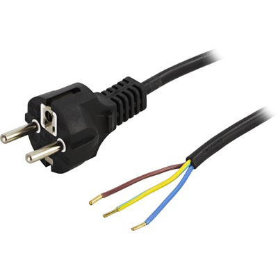 Apparatkabel 2m, jord, rak CEE 7/7 - öppen ände, 10 A / 250 V, svart