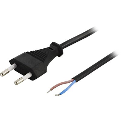 Ojordad apparatkabel 2m, CEE 7/16 - öppen ände, 2,5 A / 250 V, svart