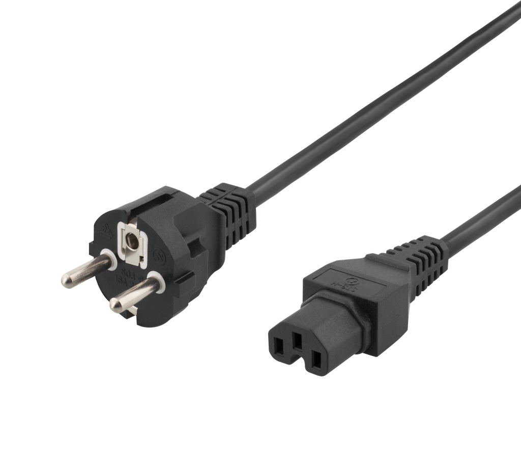 Apparatkabel 3m, rak IEC 60320 C15 - rak CEE 7/7, max 250V/10A, svart