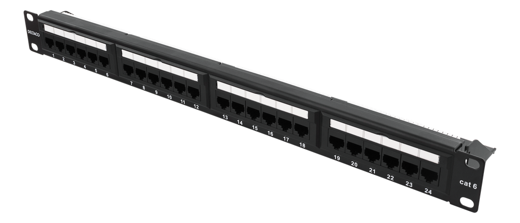 DELTACO 19" patchpanel, 24xRJ45, Cat6, UTP, krone-plintar, 1U, svart