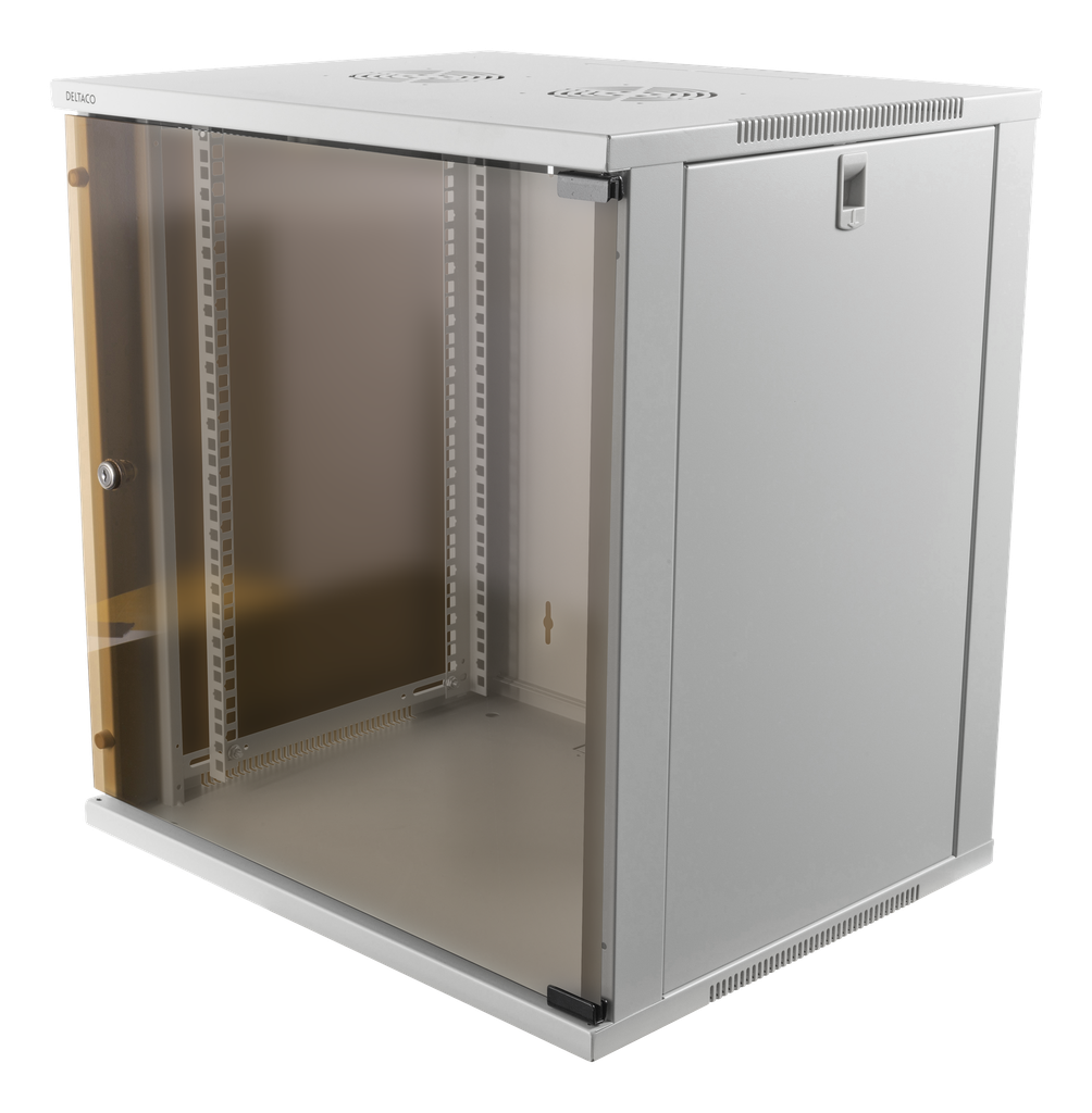 DELTACO 19"-skåp, 12U, 540x450mm, stående eller väggmonterat, glasdörr, vit