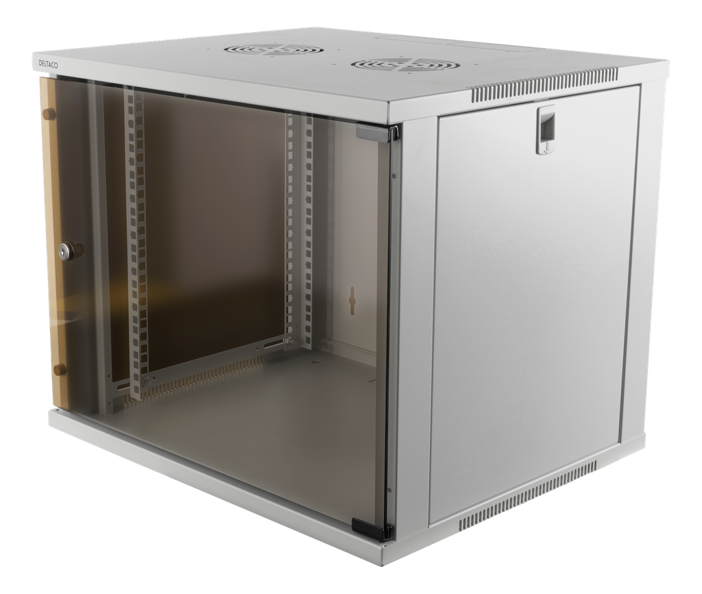 DELTACO 19"-skåp, 9U, 540x450mm, stående eller väggmonterat, glasdörr, vit