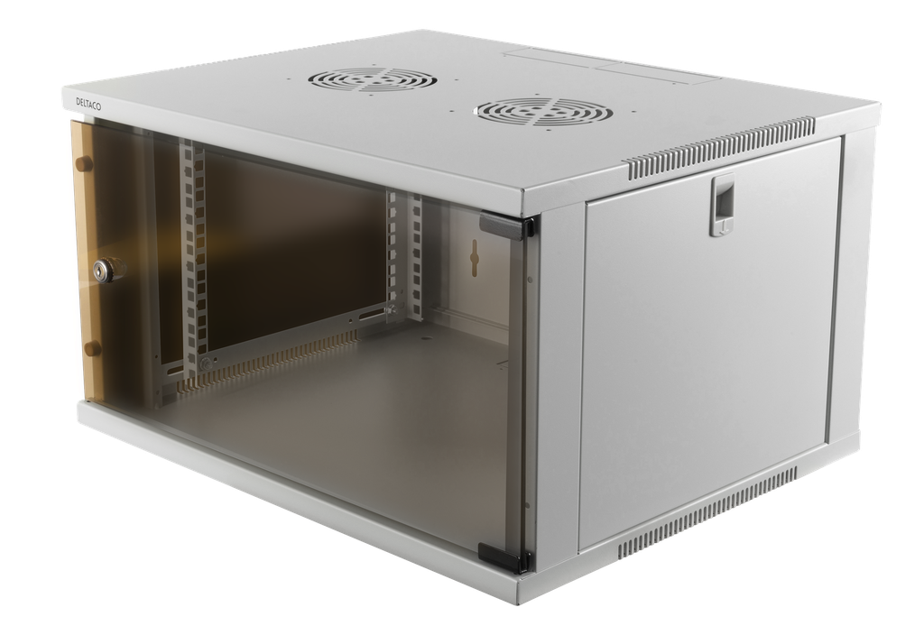 DELTACO 19"-skåp, 6U, 540x450mm, stående eller väggmonterat, glasdörr, vit