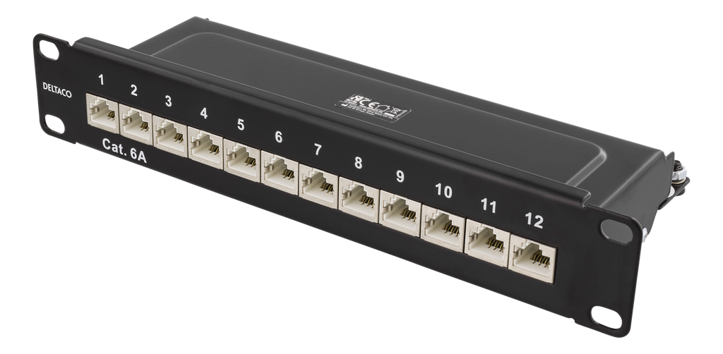 DELTACO 10" patchpanel, 12xRJ45, Cat6a, STP, 10Gbps, metall, svart 
