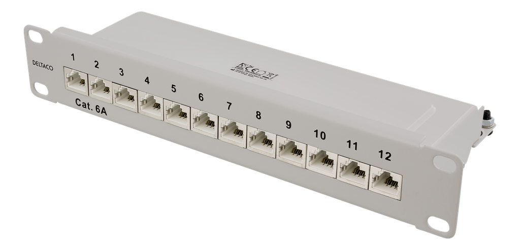 DELTACO 10" patchpanel, 12xRJ45, Cat6a, STP, 10Gbps, metall, grå