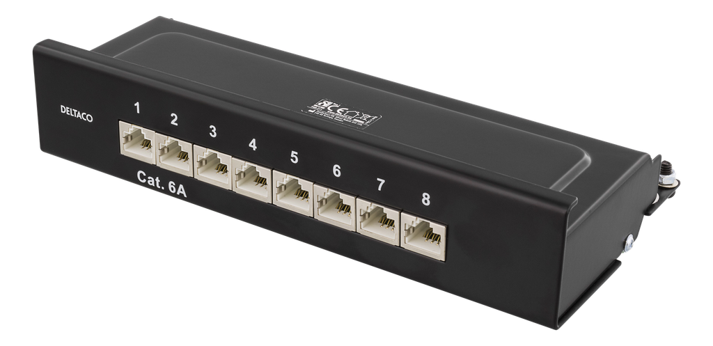 DELTACO Patchpanel, 8xRJ45, Cat6a, väggmonterbar, 10Gbps, svart