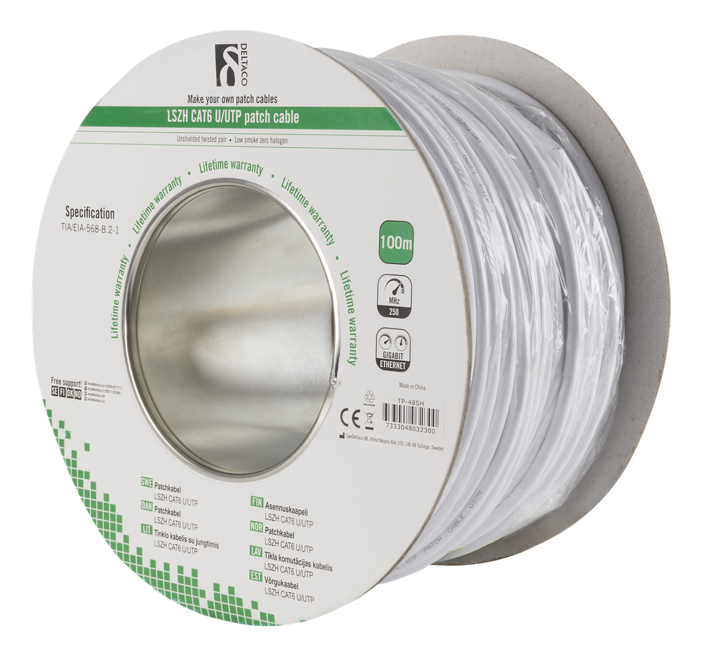DELTACO U/UTP patchkabel, LSZH, Cat6, 100m, vit