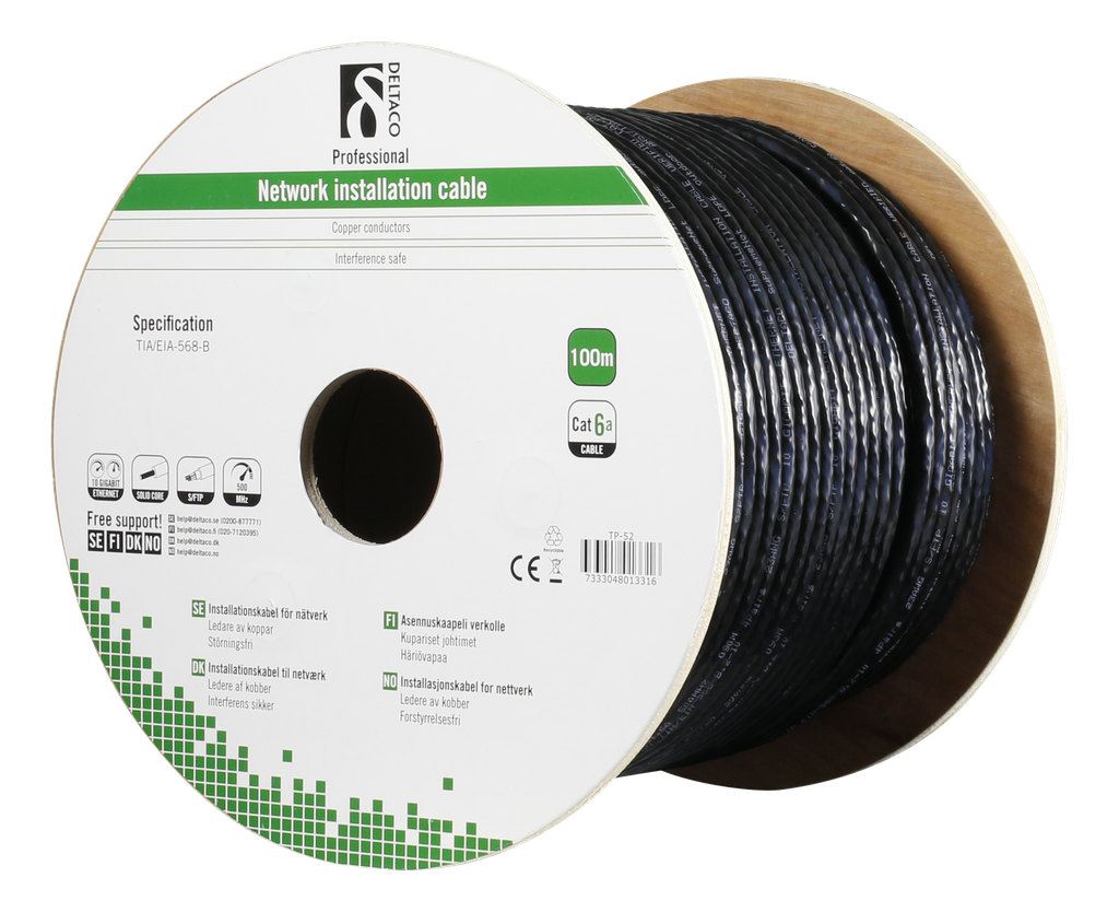 DELTACO S/FTP Cat6a installationskabel, för utomhusbruk, 100m, svart