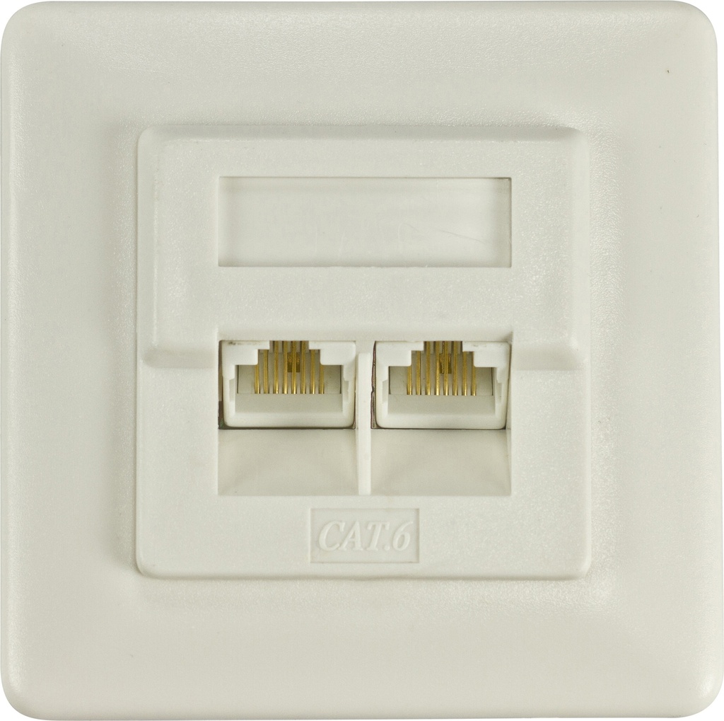 DELTACO oskärmat vägguttag, infällt, 2xRJ45, Cat6, vit