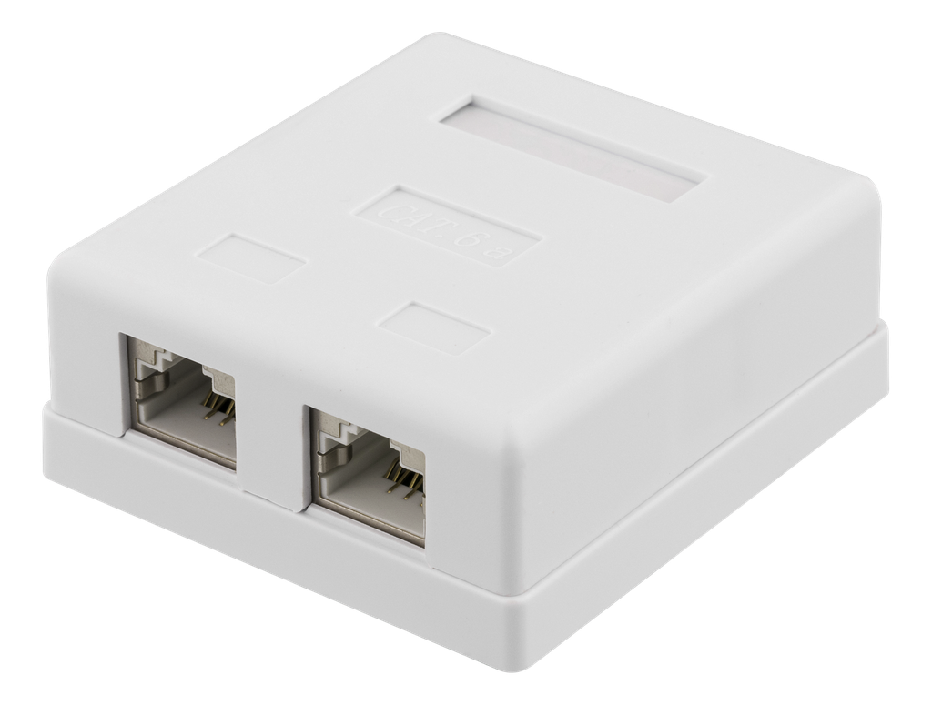 DELTACO skärmat vägguttag, utanpåliggande FTP 2xRJ45, Cat6A, vit