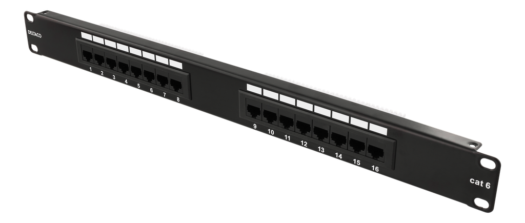 DELTACO 19" patchpanel, 16xRJ45, Cat6, UTP, 1U, 10Gbps, svart
