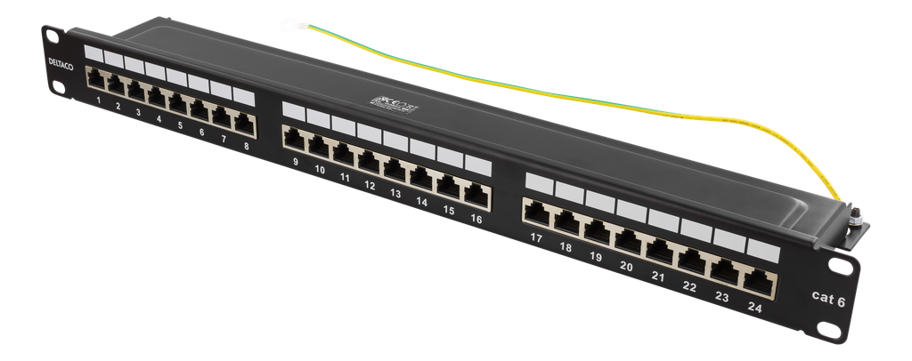 DELTACO 19" patchpanel, 24xRJ45, Cat6, 10Gbps, 1U, STP, metall, svart