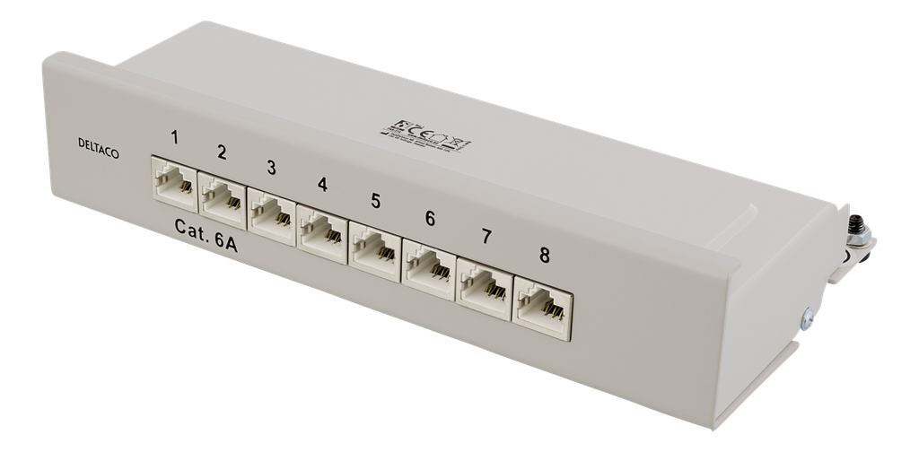 DELTACO Patchpanel, 8xRJ45, Cat6a, väggmonterbar, 10Gbps, grå