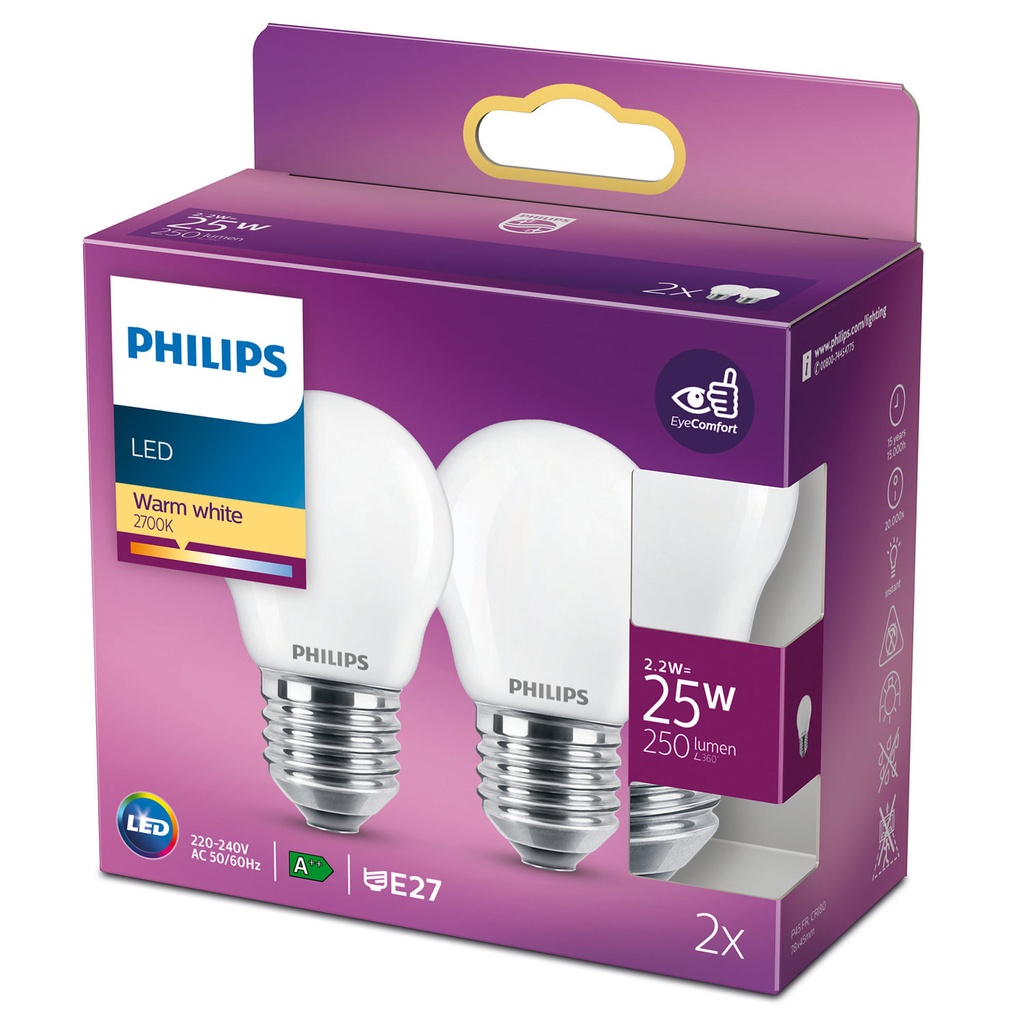 2-pack LED E27 P45 Klot 25W Frost 250lm