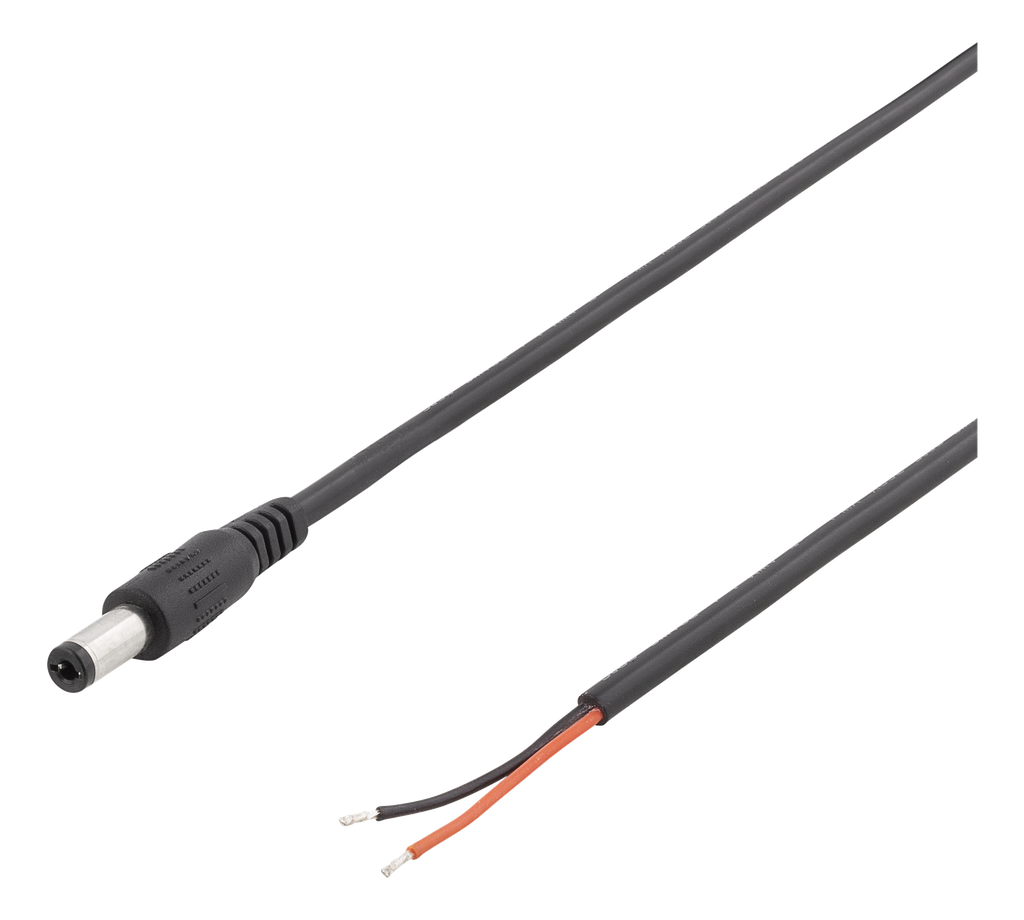Kabel 2m, 5,5 mm DC - öppen ände, 20AWG, svart